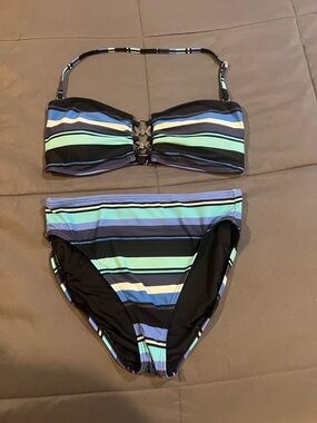 MICHAEL Michael Kors Striped Bandeau Bikini in Black, Blue & Mint
